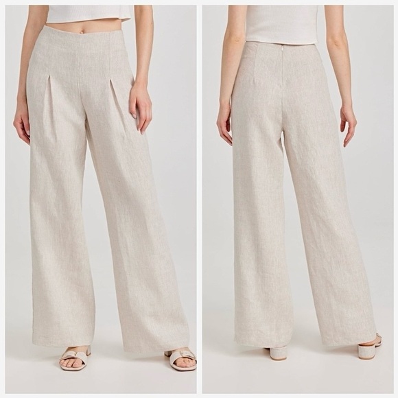 Reformation Cleo Linen Wide Leg Pants Size 8 Oatmeal Neutral Light Tan Pleated